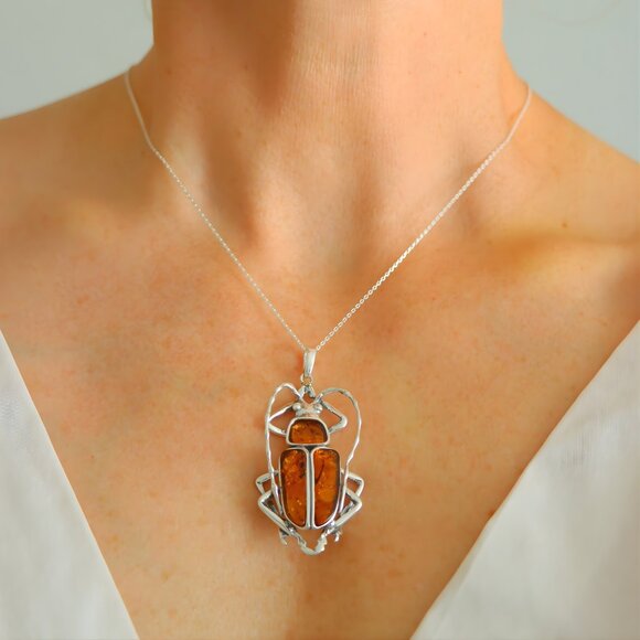Baltic Amber Scarab Pendant Necklace in 925 Sterling Silver - Picture 4 of 9